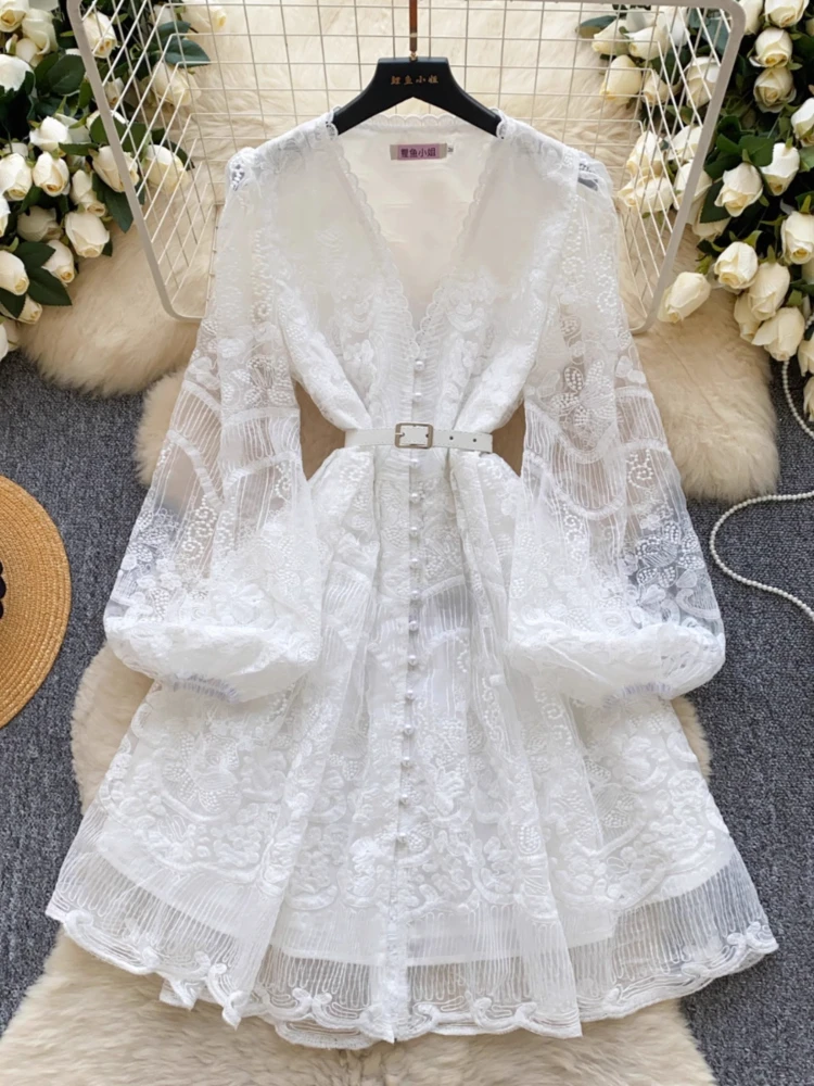 

Women Elegant White Dress Spring Autumn Lantern Sleeve Party Dresses Ladies Vintage Mesh Embroidered A-line Midi Robe Vestidos
