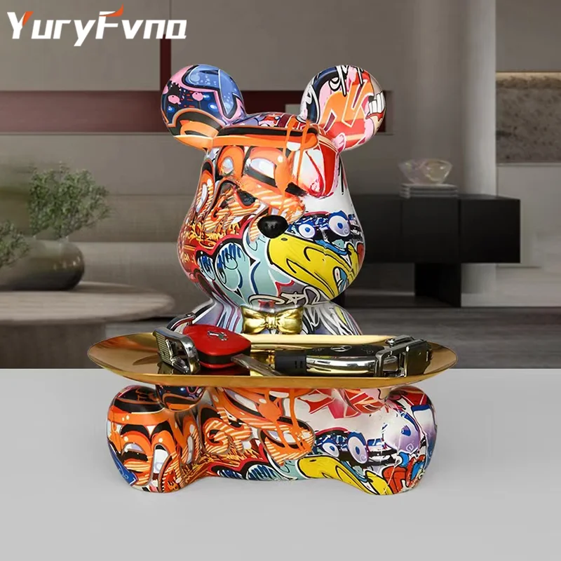 YuryFvna Graffiti Bear Figurine Home Decoration Animal Statue Keys Storage Shelf Modern Room Sculpture Table Decor  Statues