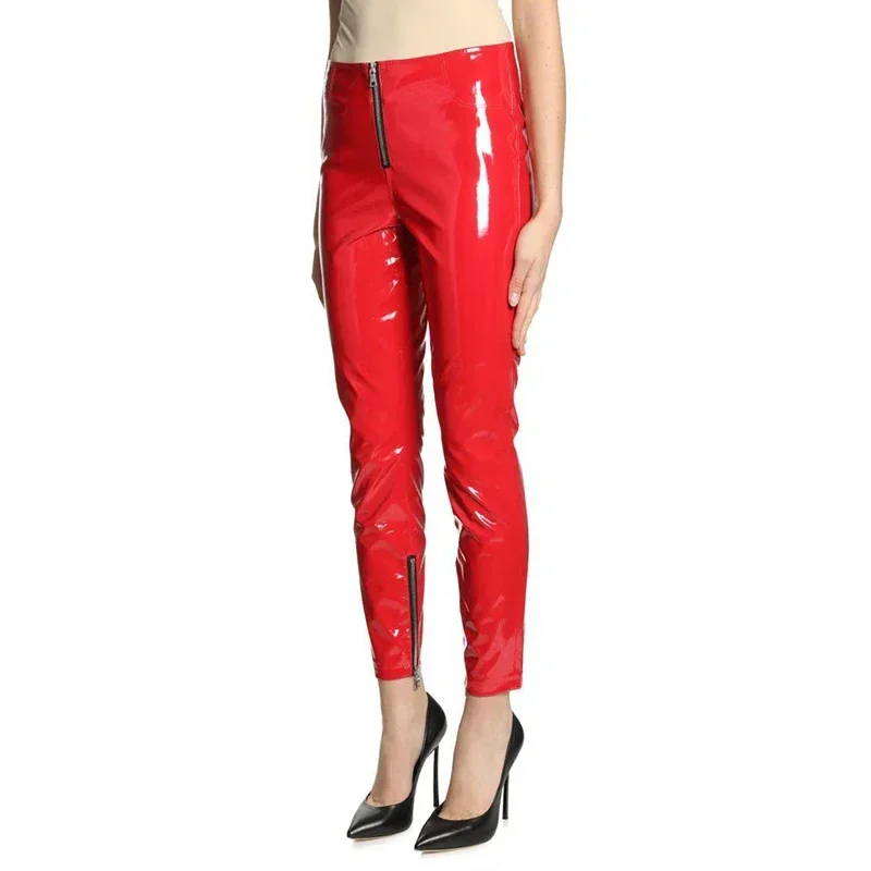 

High Waist Shiny Patent Leather Pencil Pants Women Casual PU Leather Trousers Slim Ladies Stretch Bodycon Pants Pocket Custom