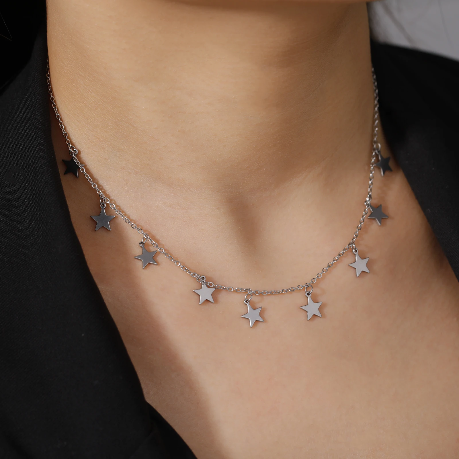 KKjoy Stern-Anhänger-Halskette für Damen, silberfarben, Edelstahlperlen, Doppelketten-Halsbänder, minimalistischer Schmuck, Accessoires, neu – Detail 14