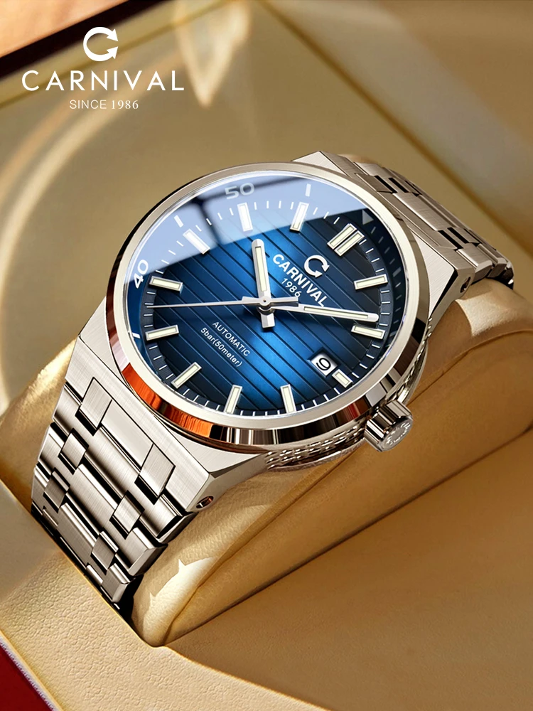 Carnival Luxury NH35A Movement Mechanical Watch for Men Fashion Stainless Steel 50M Waterproof Sapphire Classic Blue Watch Mens