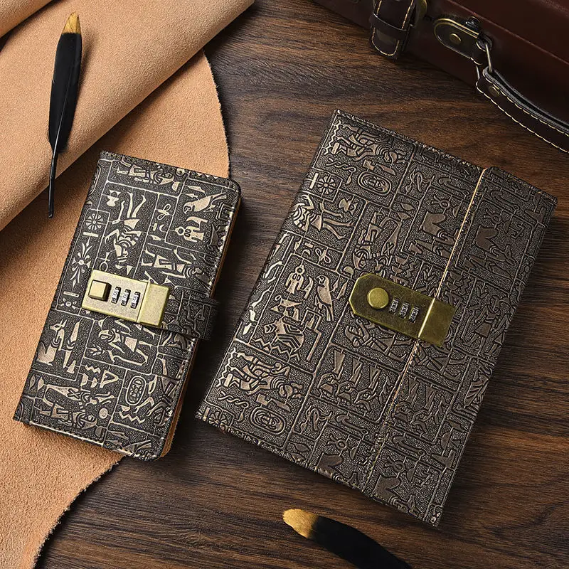 Vintage Password Notebook A6 A5 B5 Ancient Egyptian Leather Secret Diary with Lock Holiday Gift Travel Note Book Office Journals