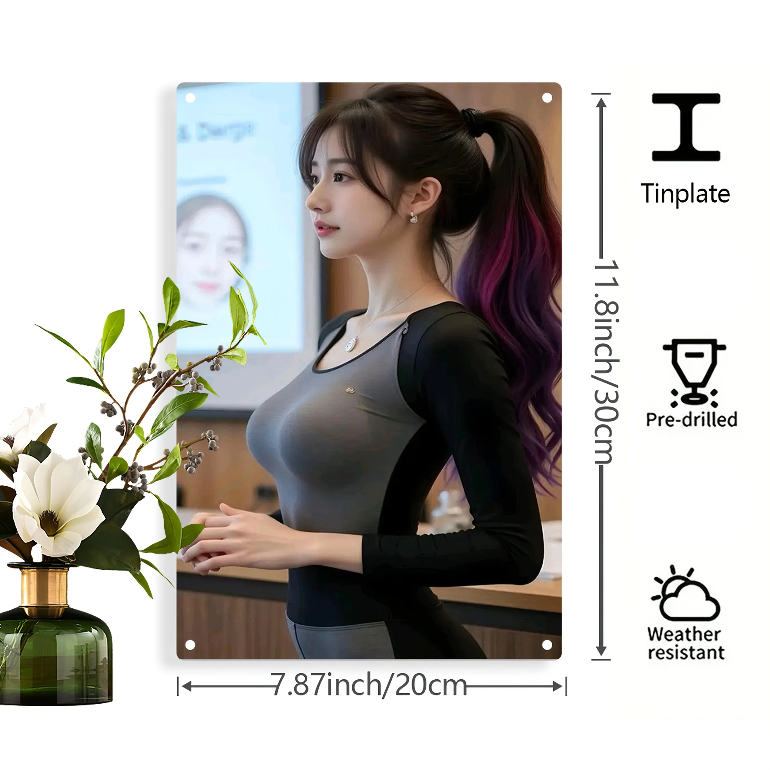 2D Flat Metal Wall Art, Sporty Speaking Woman Iron Plaque 7.87×11.8In, Pre-drilled, Weatherproof, High-def Print, Indoor Outdoor