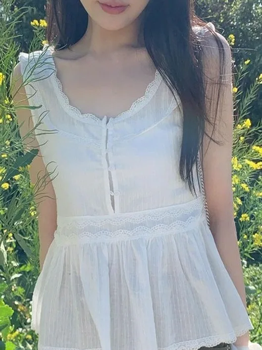 Slim Fit Floral Trim Top Women's Korean Style Summer New Cute Youthful Small Shirt Short Person Vest Splice Element