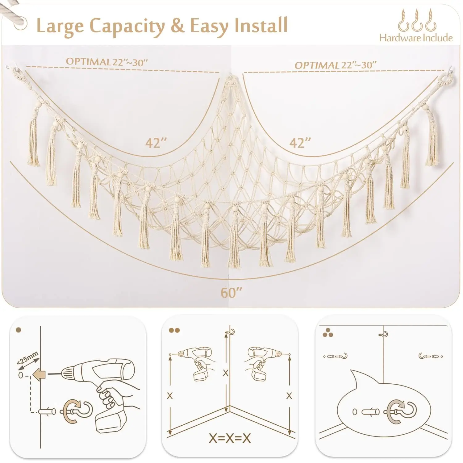 Stuffed Animal Storage Organizers Corner Hanging Ne 60" L Stuffy Animal Hammock Macrame Toy Display Plush Toy Holder Wall, Kid Bedroom Decor Boho Nursery Playroom Organizer 60" L (Cream) - view 3