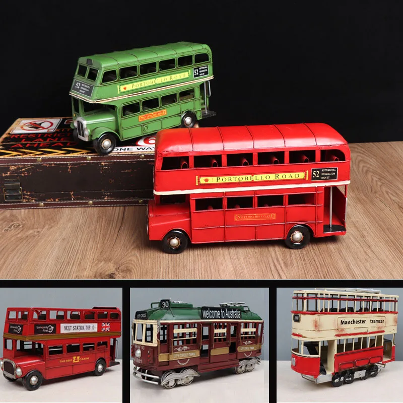 Nostalgic Double Layer Bus Home Decoration Accessories Retro Car Ornaments Miniature Model Bookcase Study Room Decors