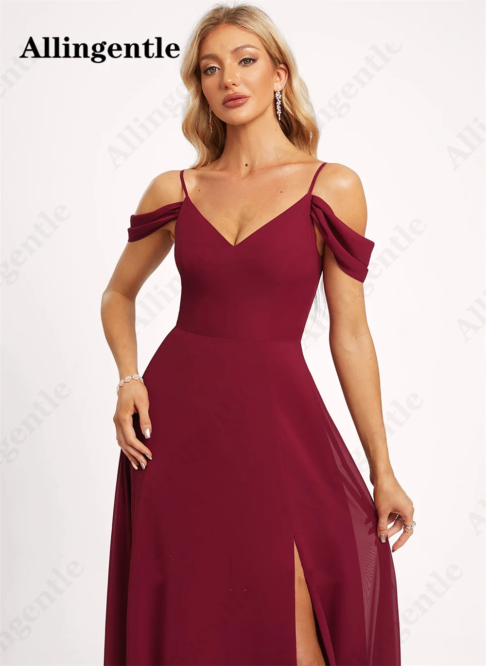 Allingentle Burgundy Spaghetti Straps Bridesmaid Dresses for Wedding 2024 V-Neck A-Line Evening Gown With Side Slit Floor Length