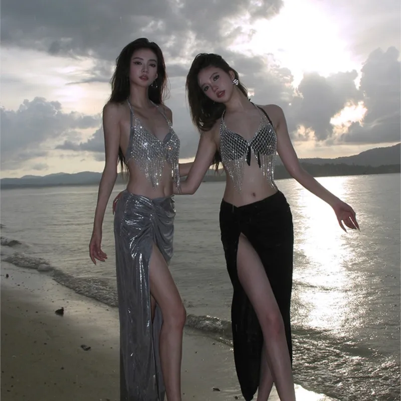 

Fashion new two-piece four-piece swimsuit small chest support long skirt