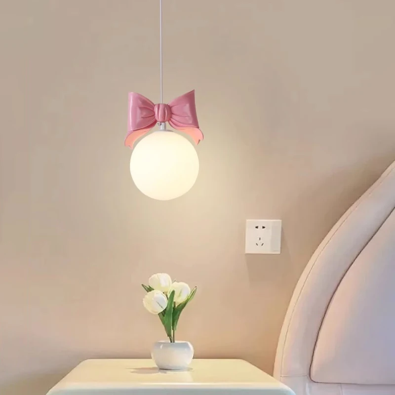 Pink Bow Children's Room Pendant Lamps Pink Crown Bubble Ball Lamp Warm Princess Room Girl Bedroom Bedside Suspension Lights LED