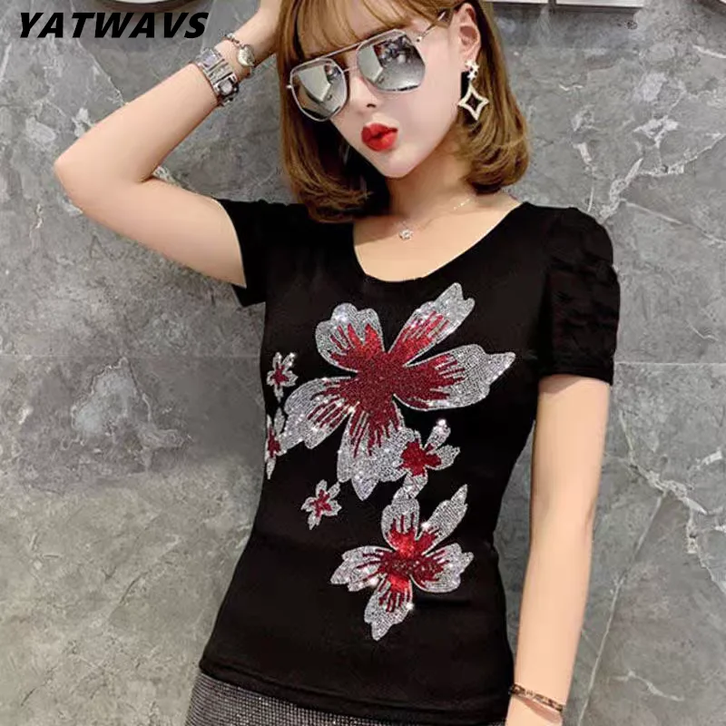 2024 Summer Fashion Korean T-shirt Clothes Sexy Flower Inlaid Diamonds Women Tops Ladies Short Sleeve Off Shoulder Mesh Tees