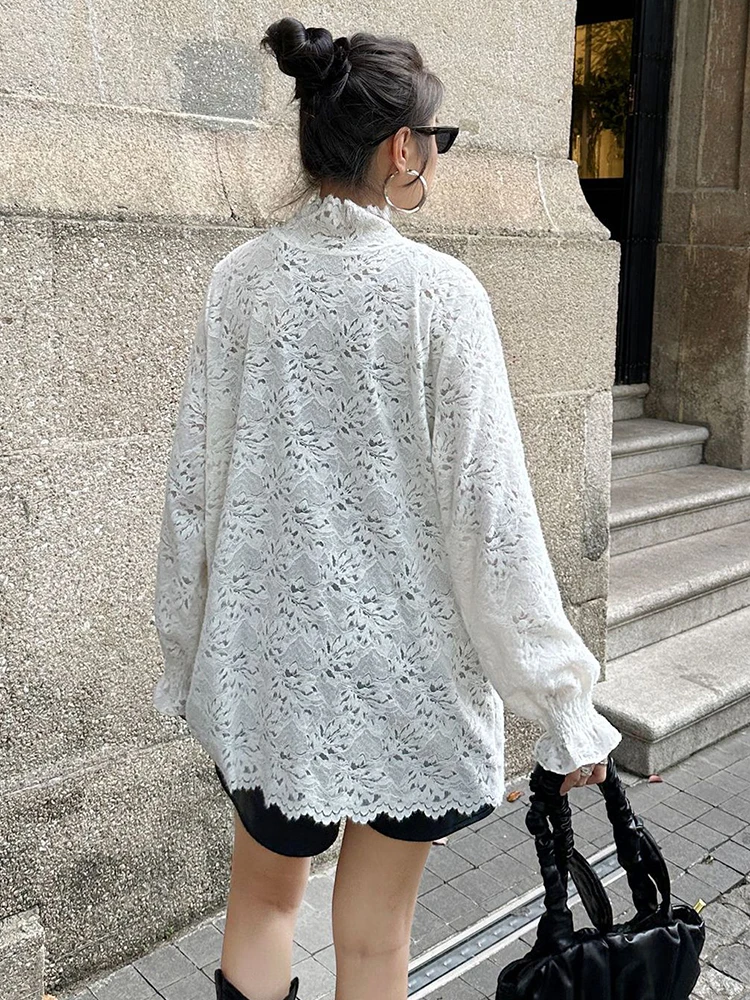 [EAM] Women White Lace Elegant Big Size Casual T-shirt New Turtleneck Long Sleeve Fashion Tide Spring Autumn 2024 1DH7910