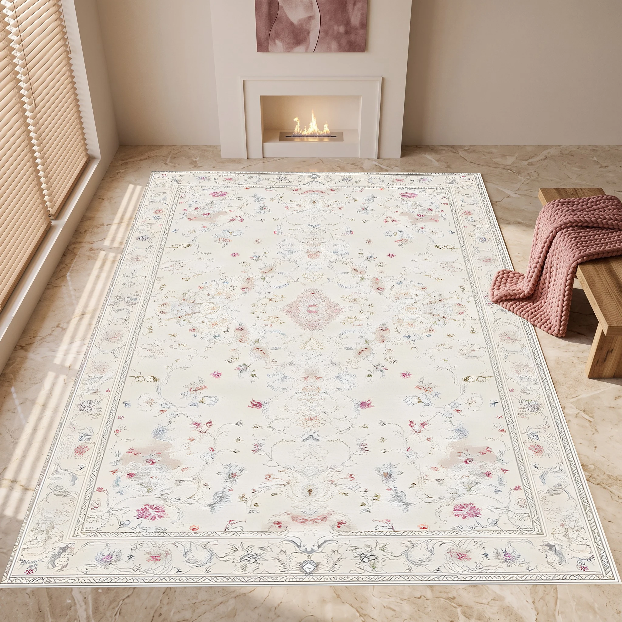 Creamy White Persian Floral Velvet Area Rug, French Cozy for Living Room Bedroom, Christmas Autumn Winter