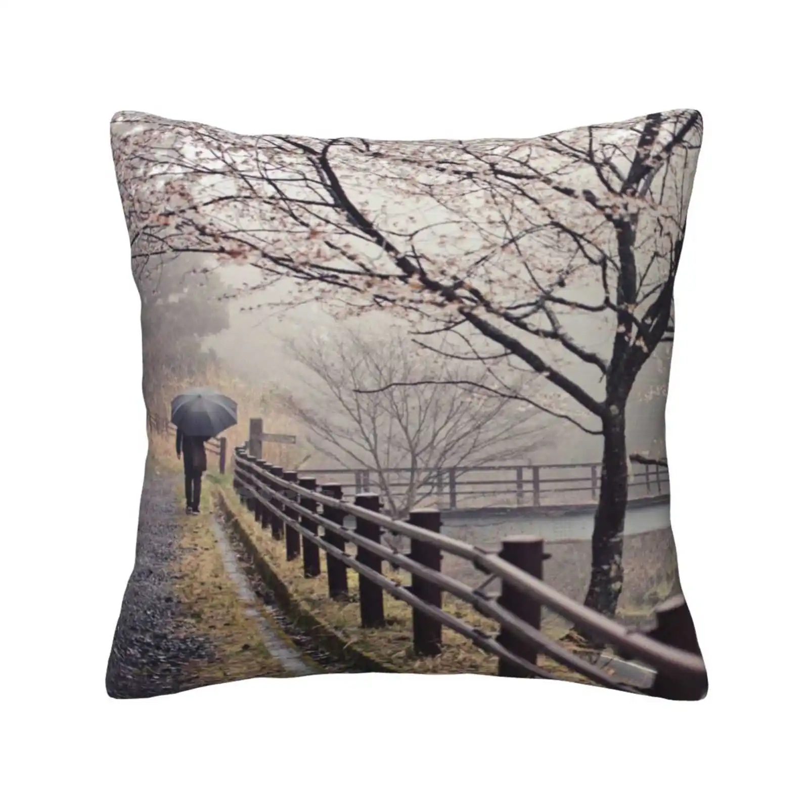 Strolling In The Rain Home Sofa Car Cushion Cover Pillowcase Umbrella Kyoto Japan Rain Cherry Blossoms Fence Bridge Walk Road