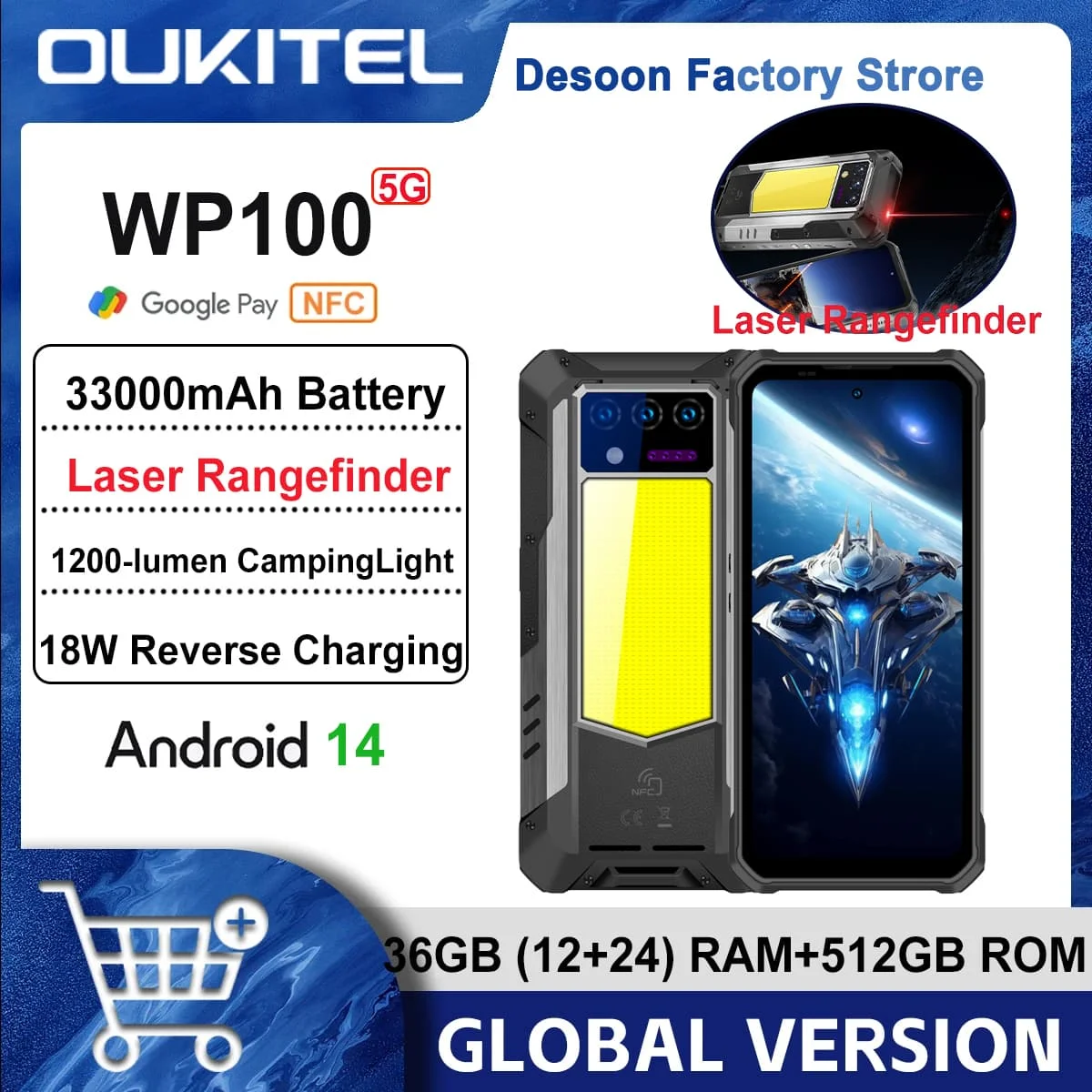 Прочный лазерный дальномер Oukitel WP100 5G, 33000 мАч, смартфон 36 (12 + 24) ГБ + 512 ГБ, 66 Вт, Android14, мобильный телефон 6,8 дюйма, FHD +, камера 200 МП