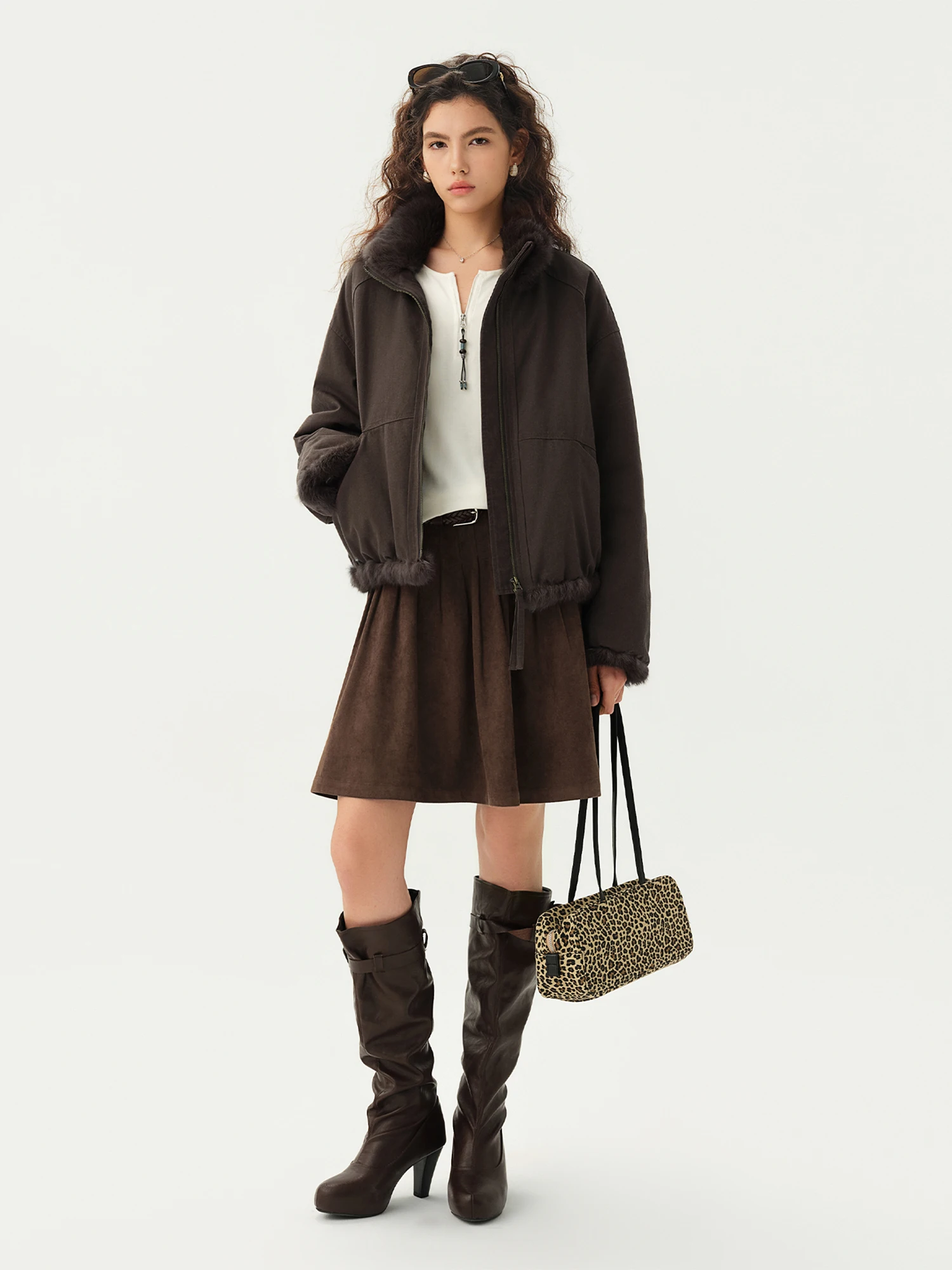 DUSHU Retro Down Coats Women Nomadic Style Fashionable Workwear Brown Down Jacket Winter Rabbit Hair Fleece Patchwork Coat