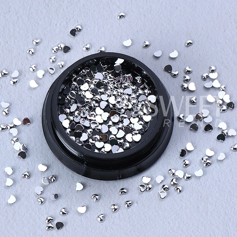 1 صندوق الفضة القلب مسمار الفن الديكور ثلاثية الأبعاد المعادن شقة القلب الحب سحر مجوهرات أظافر لوازم الأظافر الفاخرة DIY بها بنفسك مانيكير الملحقات