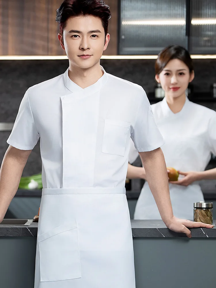 夏白半袖シェフ制服通気性キッチン制服シェフジャケット男性シェフコートエプロン作業服ロゴレストラン