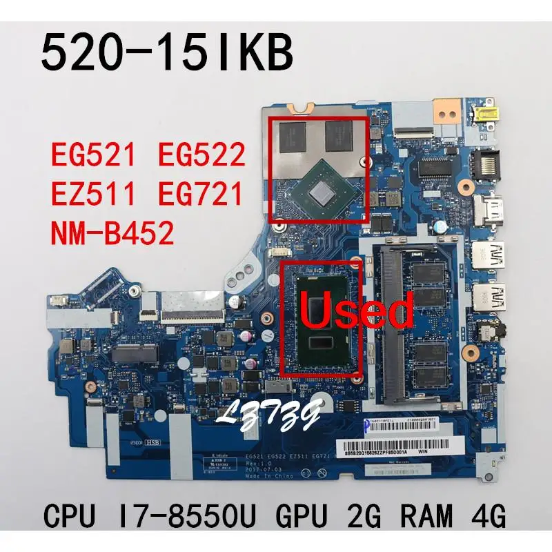 NM-B452 For Lenovo ideapad 520-15IKB Laptop Motherboard mainboard CPU I7-8550U GPU 2G RAM 4G FRU 5B20Q15626