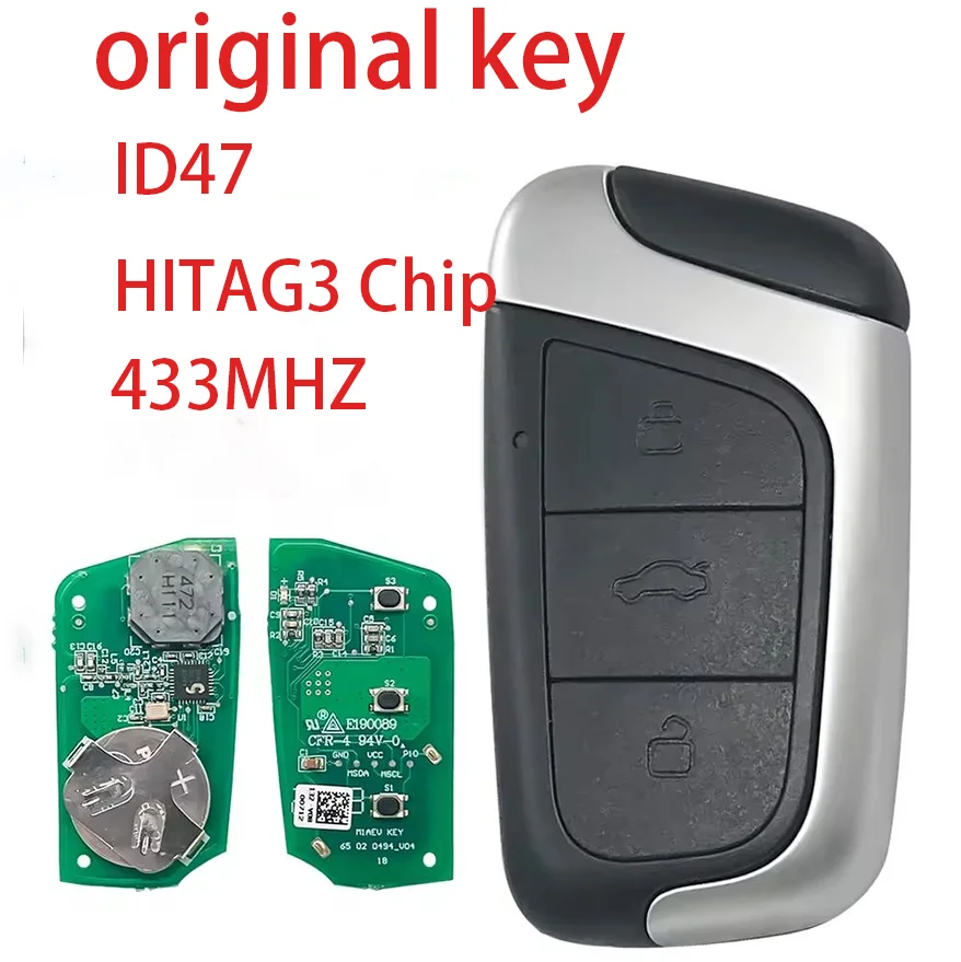 3 Buttons New Energy Original Smart Remote Key For Chery EQ1 Little Ant 433MHZ FSK ID47 Chip HITAG3 Chip With LOGO