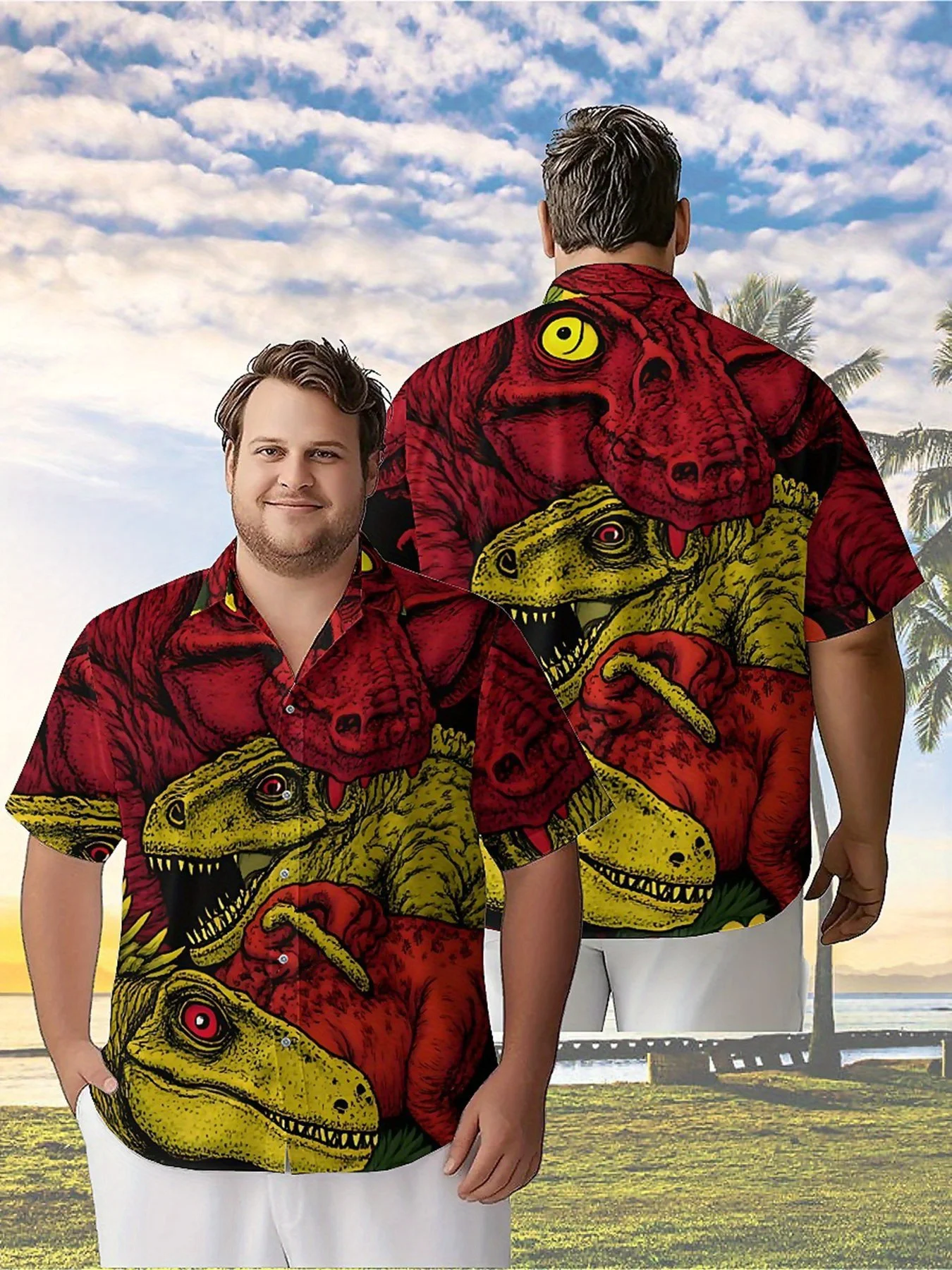 Men's Plus Size Hawaiian Shirts Dinosaur Jungle Adventure Pattern, Button Up Shirts, Unisex Casual Clothing, Summer Tops