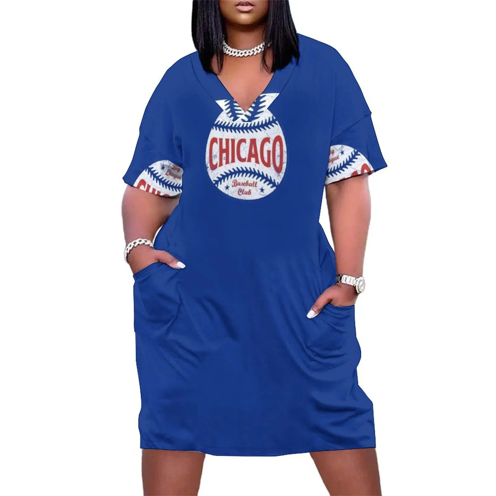 

Chicago Retro Big League Baseball - Blue Loose Pocket Dress Evening dresses Women's evening dress Female dress
