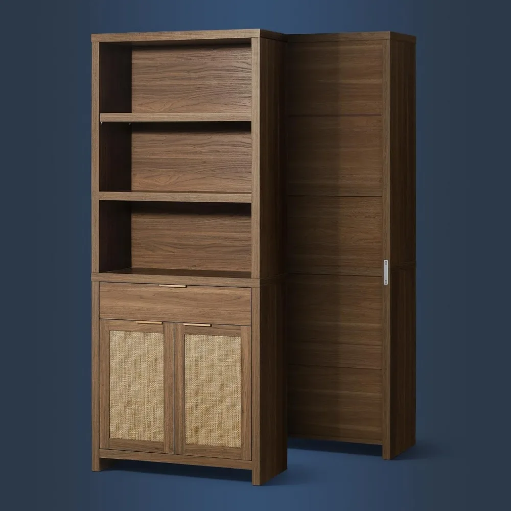 大きな籐製5段木製本棚（扉と引き出し付き、収納用）