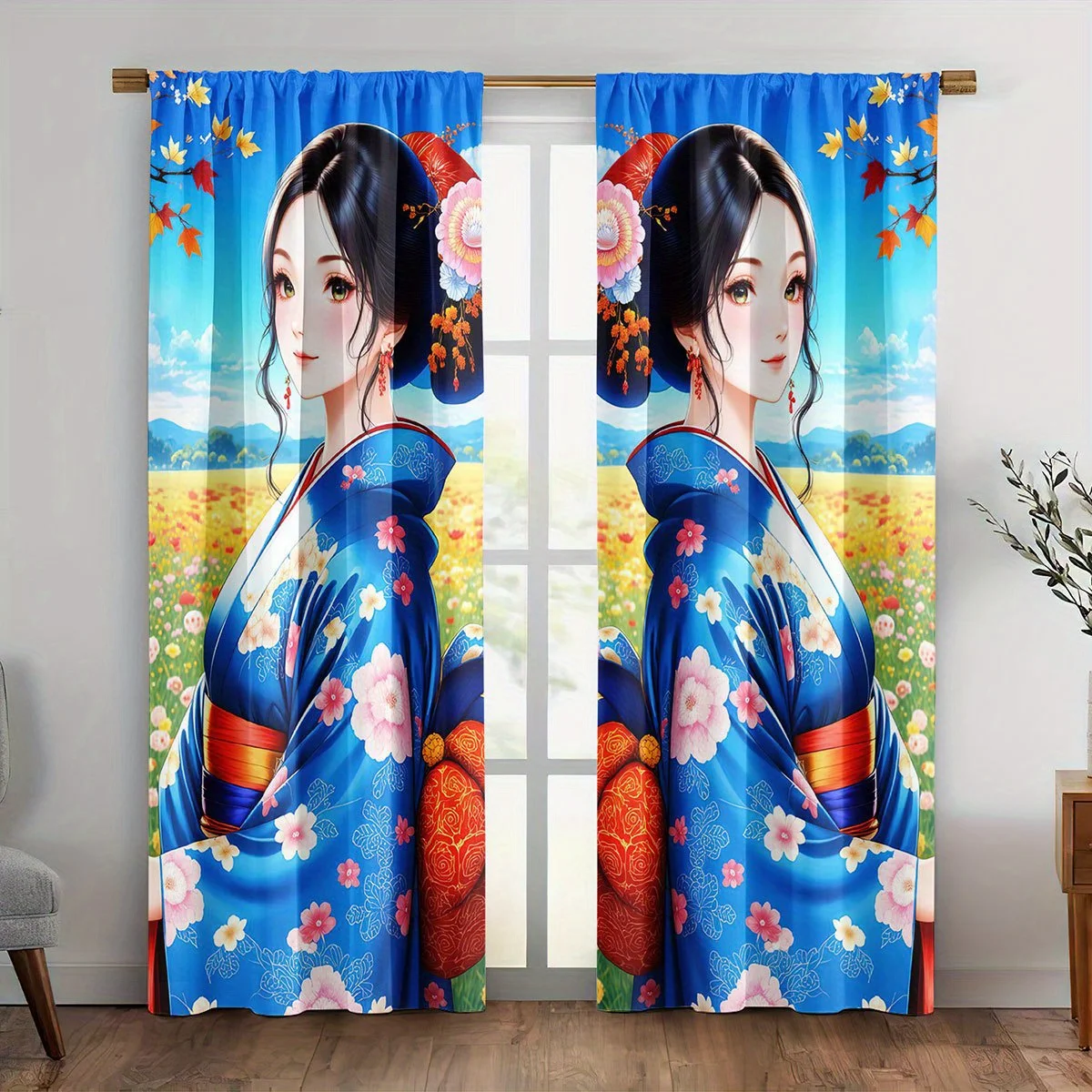Japanese Girl Curtain, Geisha Kimono Print Drapes, Floral Art Window Curtains, Asian Style Bedroom Decor
