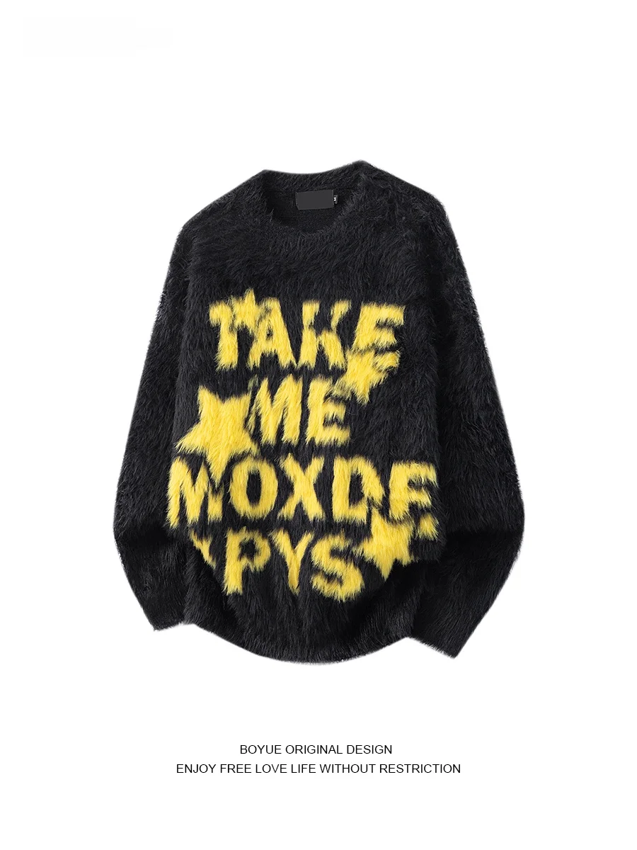 

Boyue American Sle Street Letter Embroidered Sweater ex round Ne Loose Lazy Couple Knitted irt Trendy Casual Wear