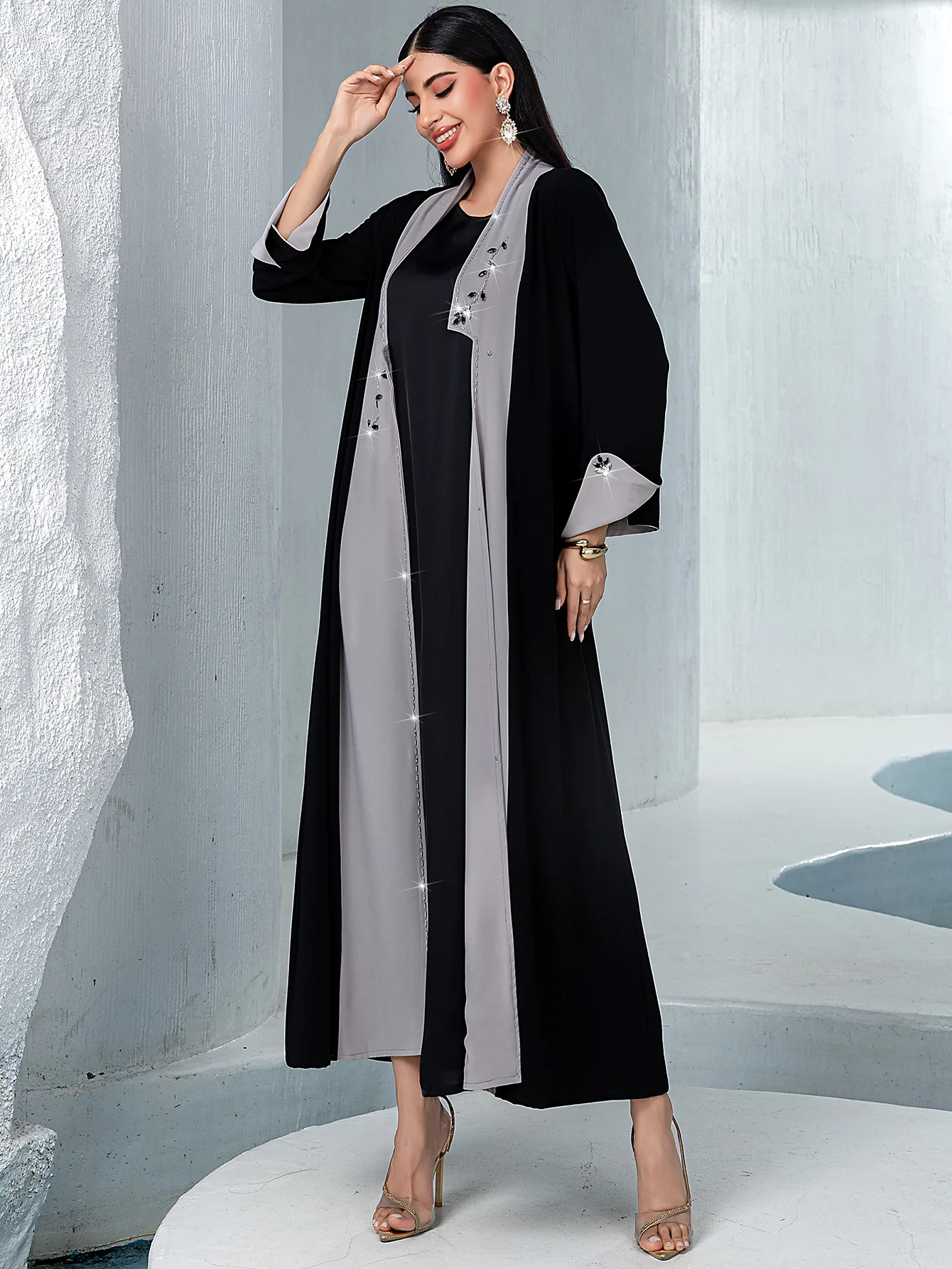 Open Voorzijde Abaya Diamanten Moslim Lange Mouw Arabische Abaya Midden-Oosten Turkije Kaftans Vrouwen Jalabiya Islamitische Maxi Jurk Turkije