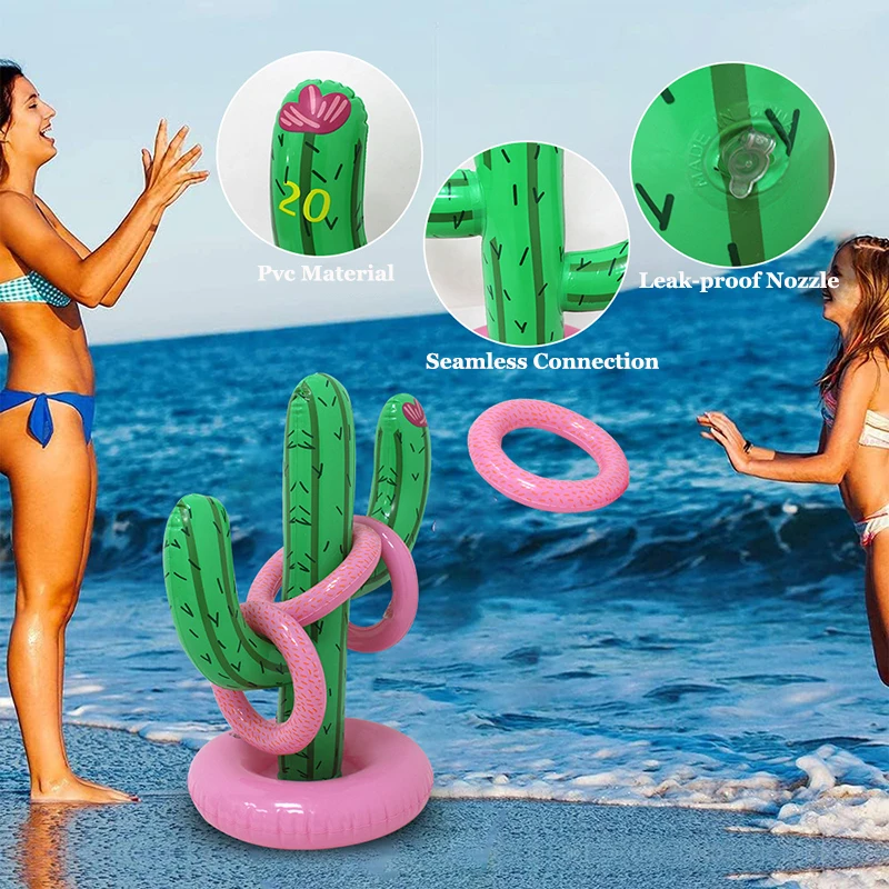 1 Set Inflatable Cactus Ring Toss Swimming Pool Interactive Toys for Kids Adults Outdoor Game Props Party Decorations Supplies
