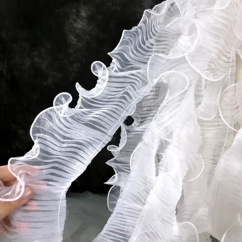 1 meters 3D Pleated Organza Lace Trim off white light blue ruffled Ombre lace Trim  Wedding Gown, Party decoration, 3.5