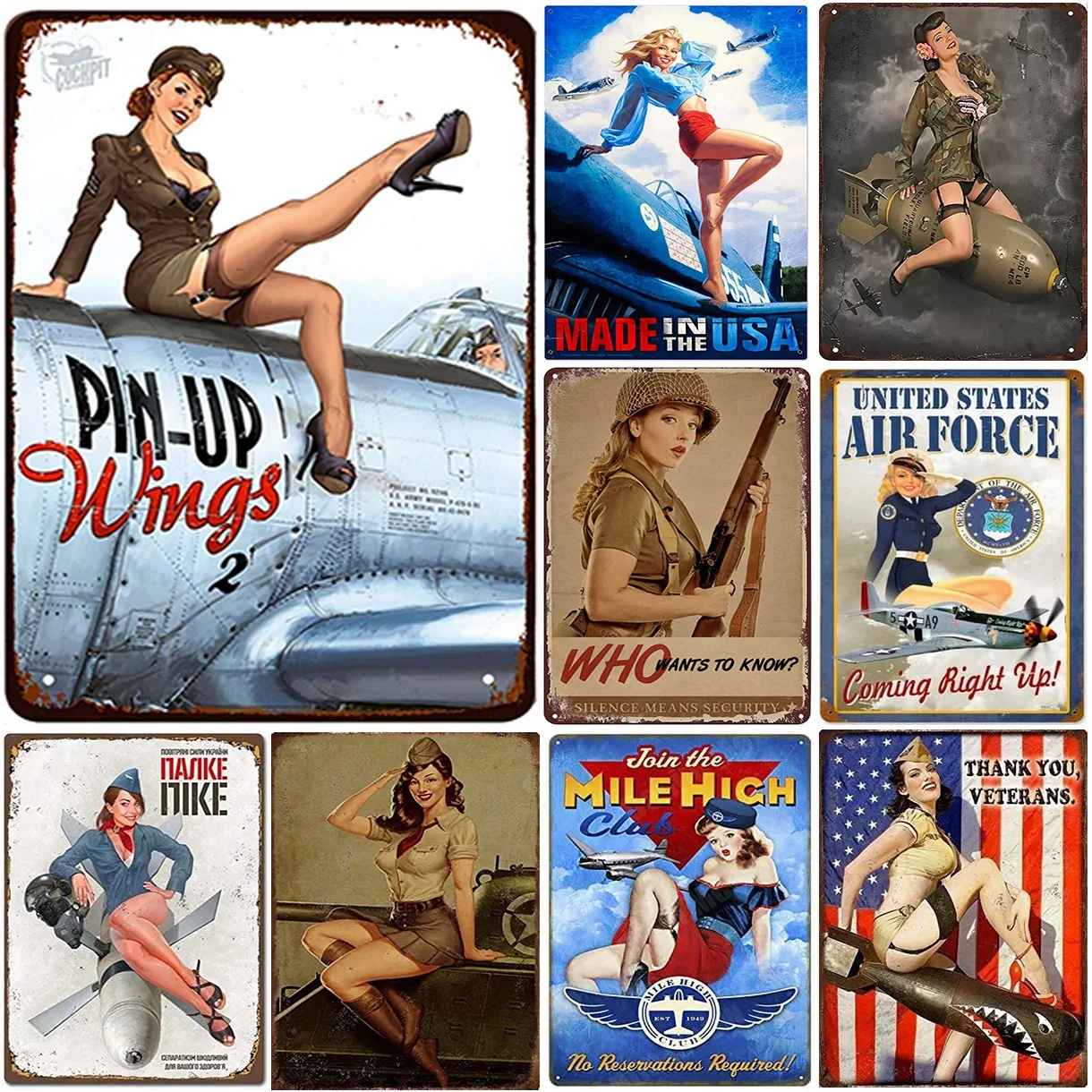 Plaques en métal vintage avec images de filles pin-up militaires, décoration murale rétro pour la maison, les cafés, les bars, les pubs, 8x12 pouces