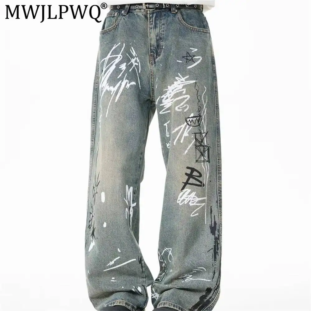 MWJLPWQ Punk-Style Distressed Letter Graffiti Jeans For Men High Street Trendy Unique Personalized Wide-Leg Straight Pants 20276
