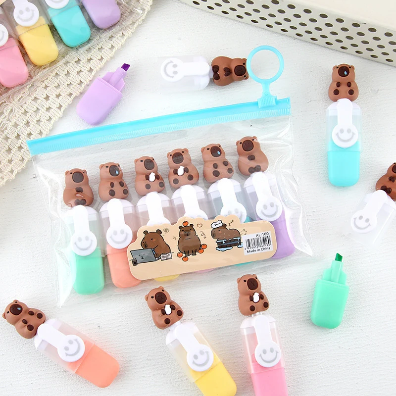 6Pcs/Set Cute Capybara Highlighter Pen Set Cartoon Markers Stationery Mini 6-color Highlighters Birthday Gift