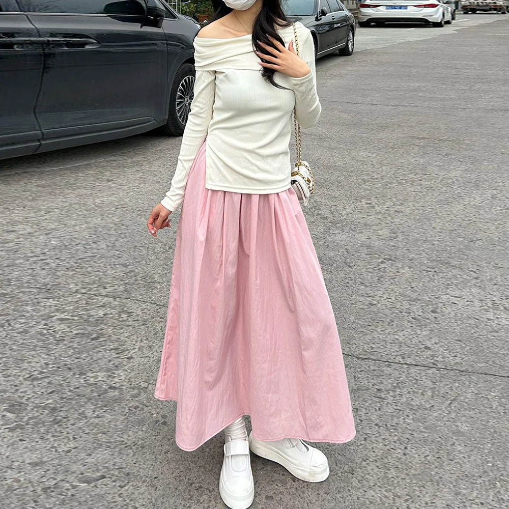Solid Color Casual Long Skirt Women Plus Size Fashion A-line School High Waist Sun Skirt Loose-Fit Slimming Casual Fresh Skirts
