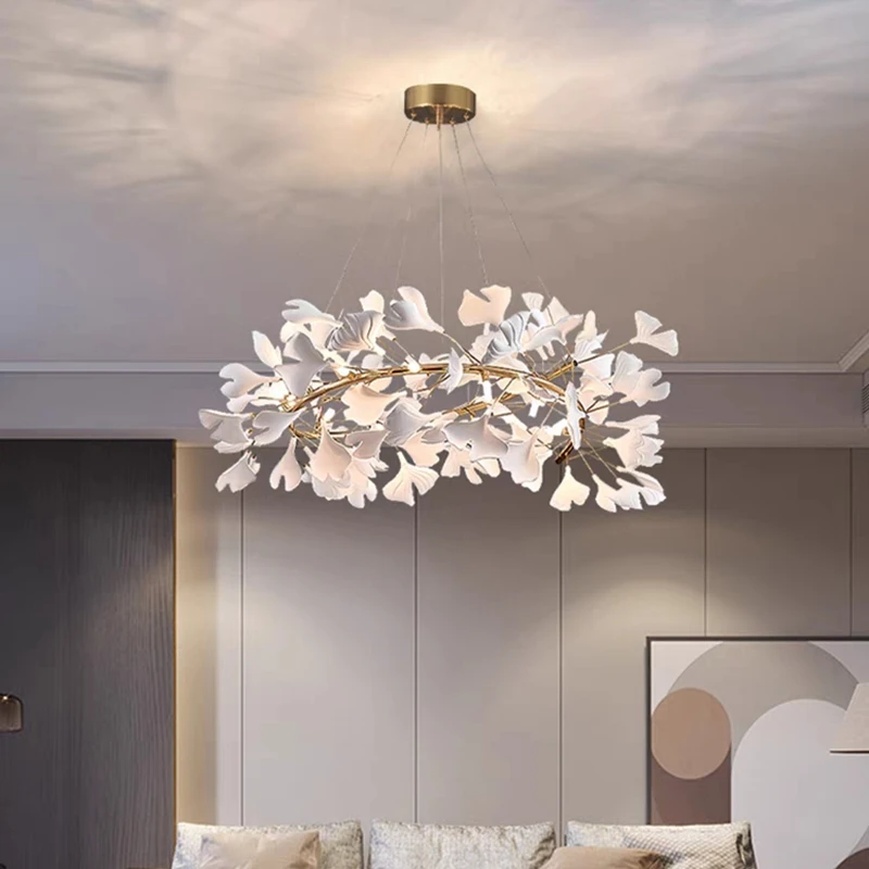 

Round Ginkgo Leaf Chandelier For Bedroom Dining Living Room Kitchen Table Modern Porcelain Leaves Hanging Chandelier Lights