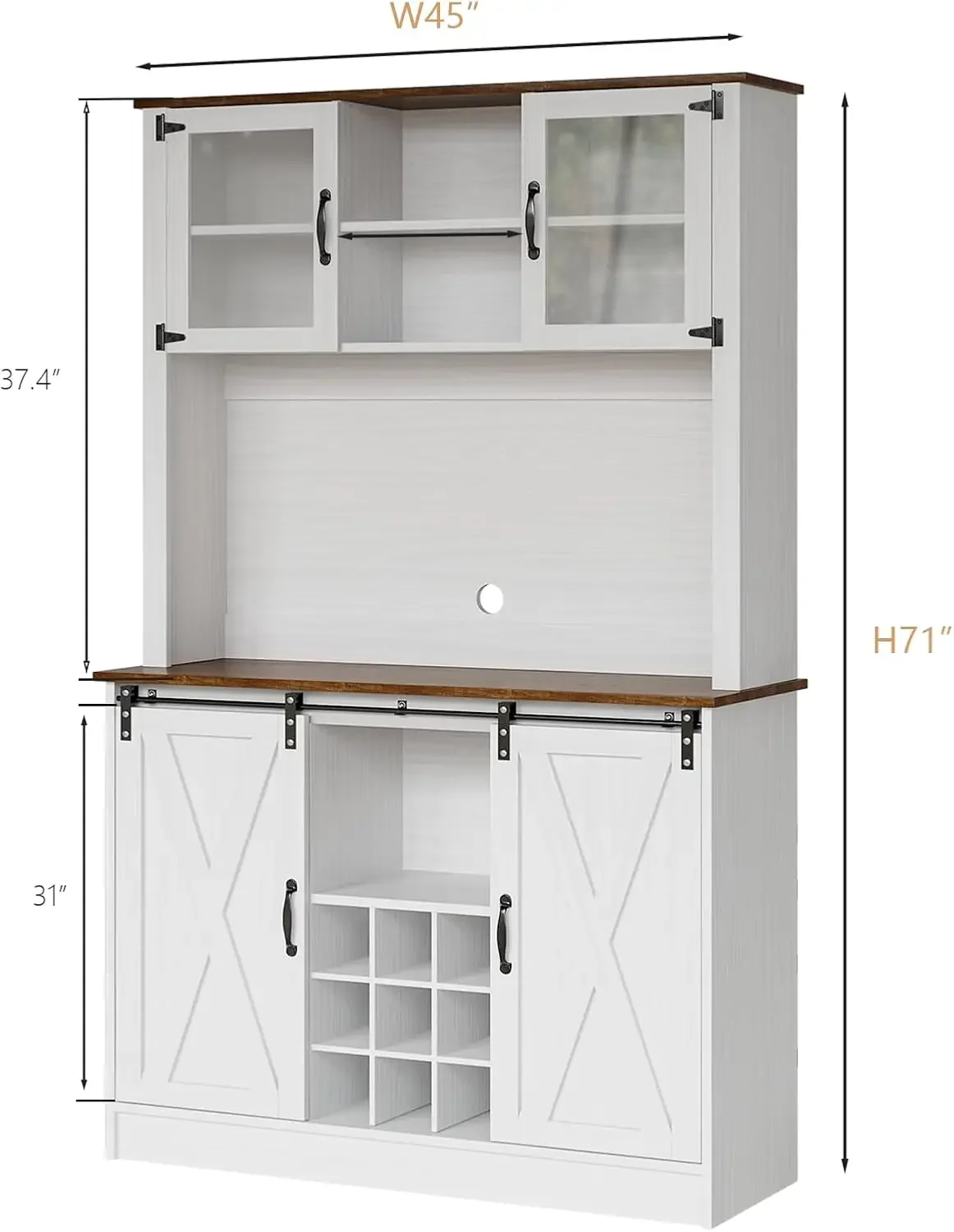 4Ever2Buy Armário de bar de café de fazenda com portas deslizantes de celeiro, armário de gaiola de 72 '' com armazenamento, armário de bar branco com vidro