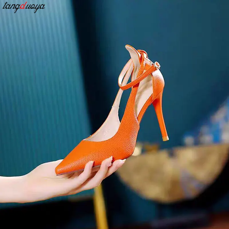 Orange high heels Women\'s Sexy pointed thin heeled high heels High quality Women Fashion Elegant Party Banquet pumps Size 36-42