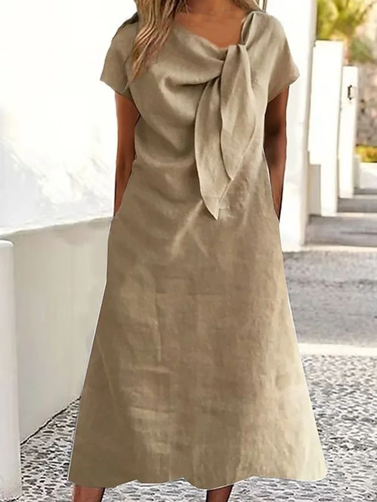 

Women Casual Summer Midi Dresses Knot V Neck Short Sleeve Casual Loose A-Line Dress Daily and Office Work