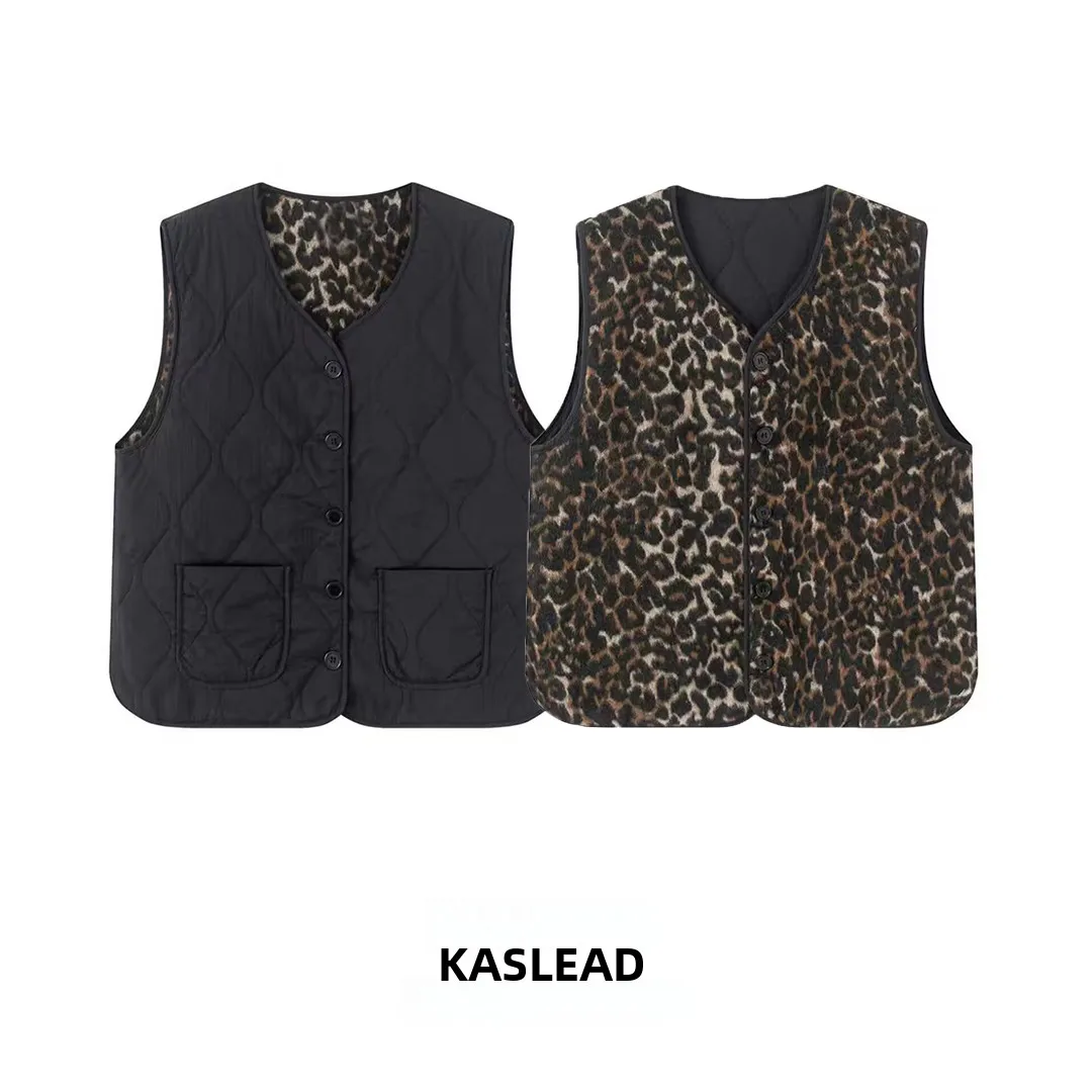 

Faionable Two-Sided Wear Street Sle Women's Vest Polyester Fabric Leopard Print Autumn Winter Cotton Jaet V-Ne Single...