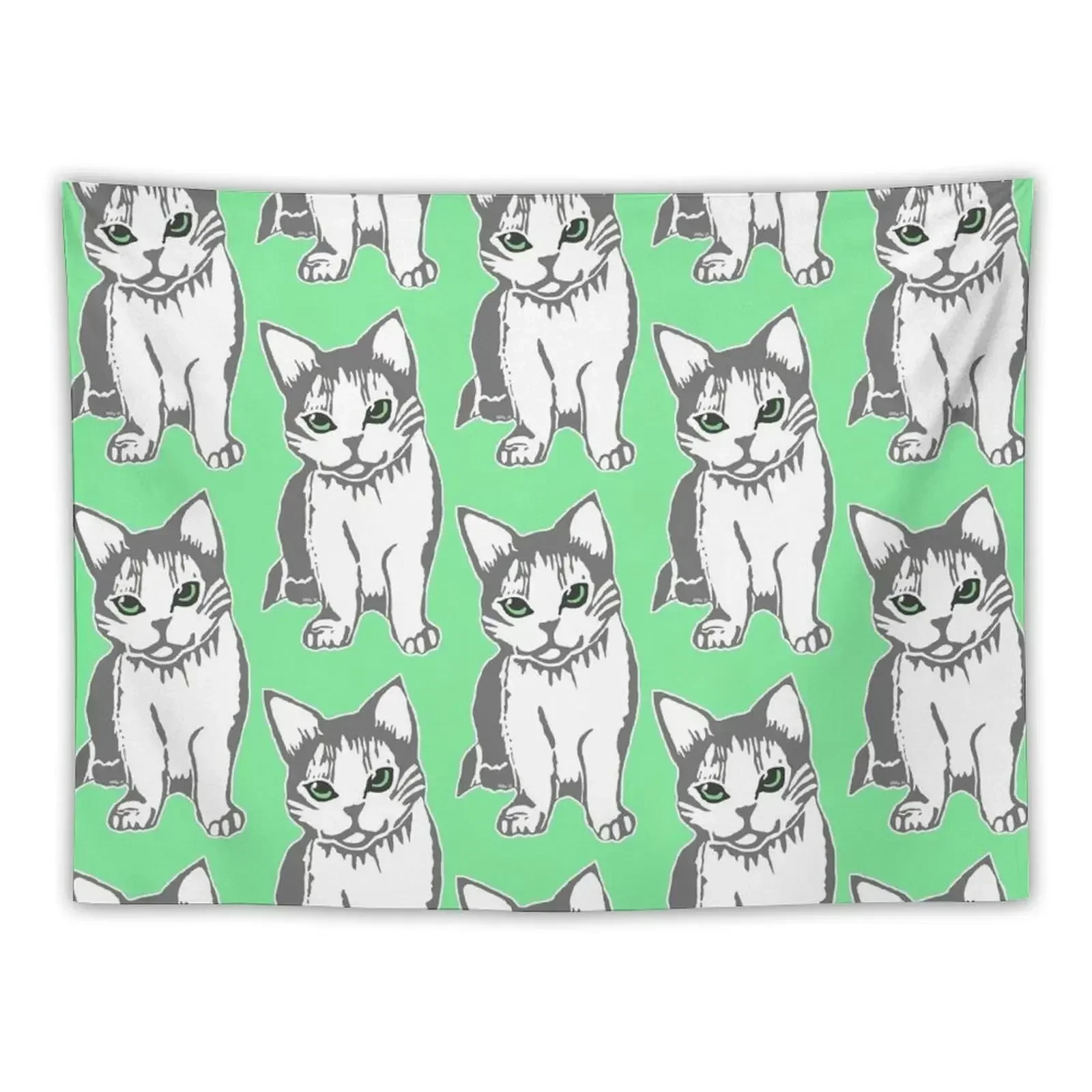 טפסיה לתליה על הקיר עם תמונת חתול אפור ולבן ועיני ידידותיות לסביבה לקישוט חדר השינה בסגנון אסתטי