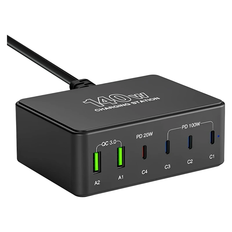 

A23F-USB Charger 140W PD Fast Charger, Single Port 100W/PD 3.0, Compatible 6 Devices Simultaneously For Phone Laptop