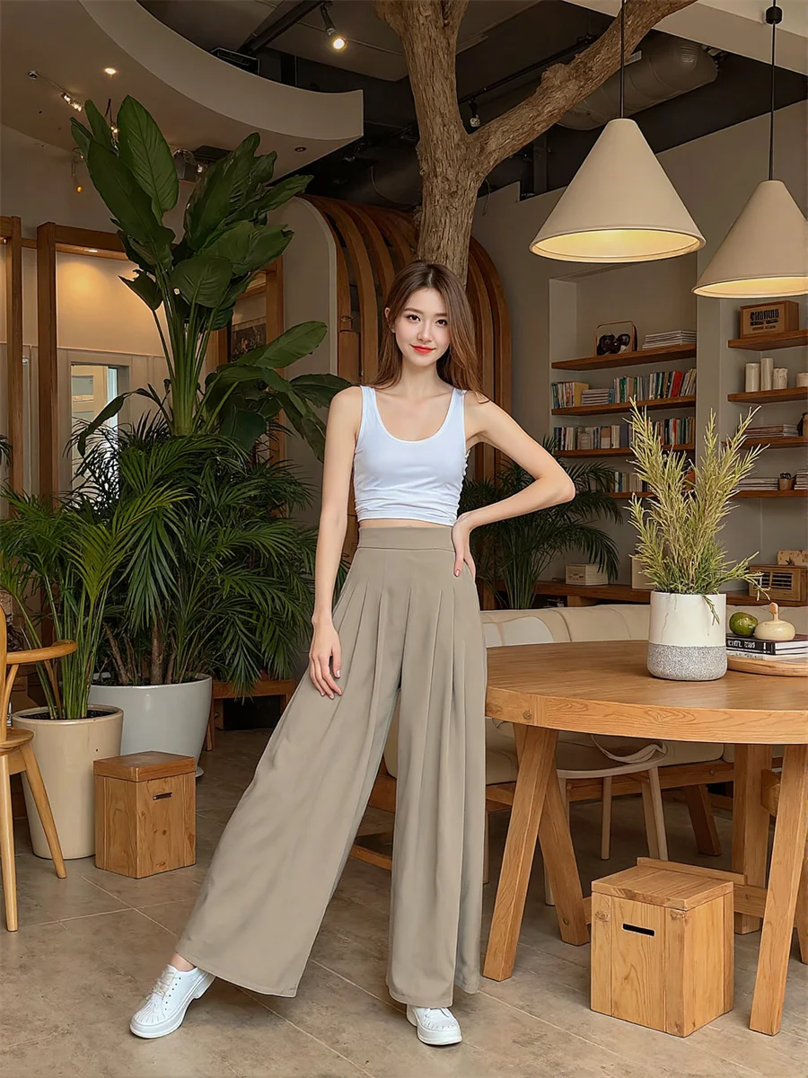 Pants Oversize Woman Apricot Khaki Pink Smooth Fabric Women Sleek Look Elegant Office Lady Work Business Formal High Waist