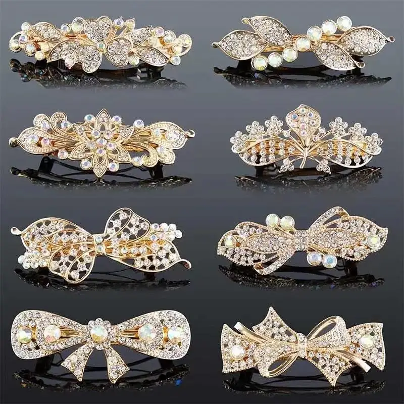 Luxury Rhinestone Bowknot Spring Hairpins Clip Women Girls Crystal Flower Butterfly Ponytail Barrettes Elegant Party Headwear