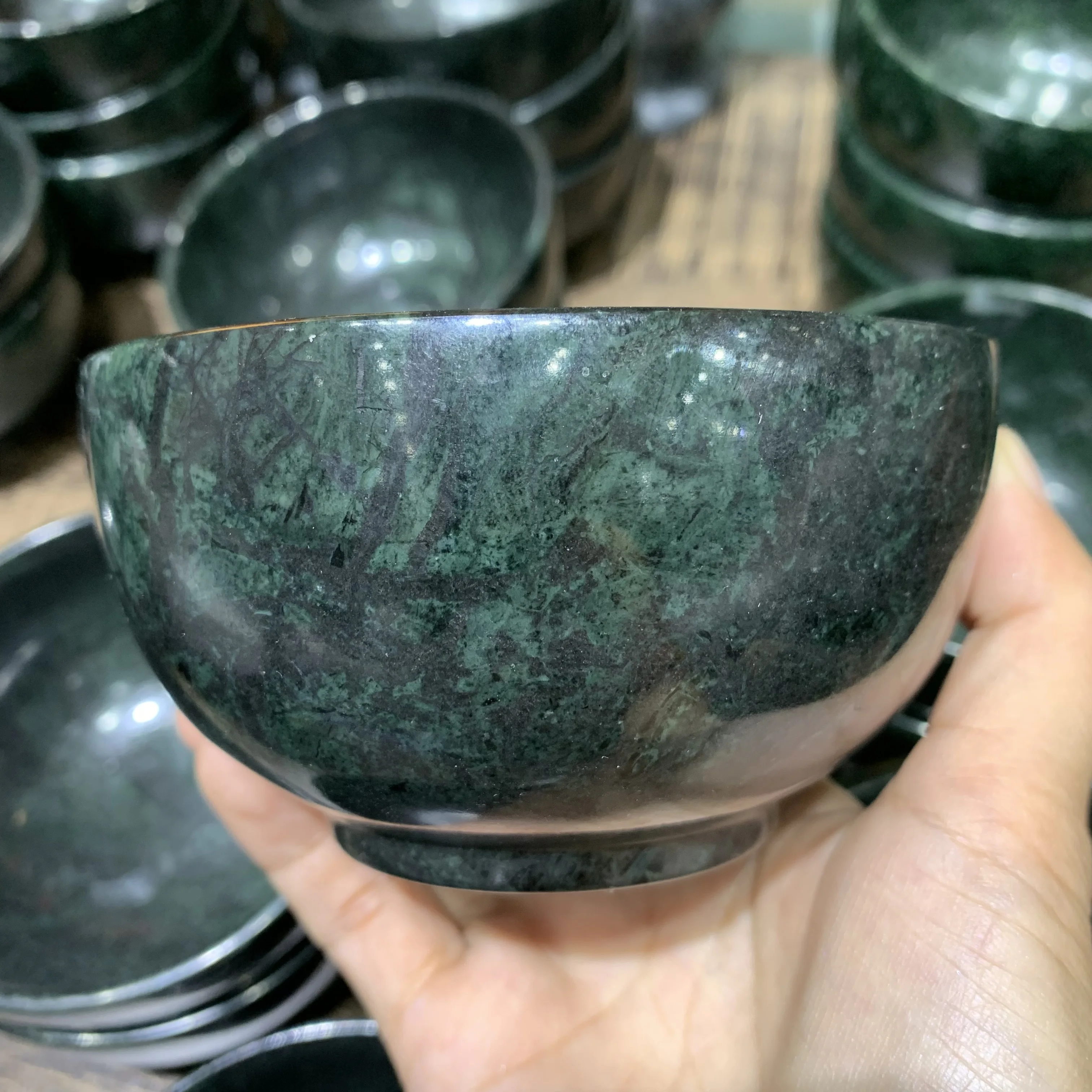 Naturla Tibetan Jade bowl Hand-Carved Round Dark Green Jade bowl for Kitchen utensils