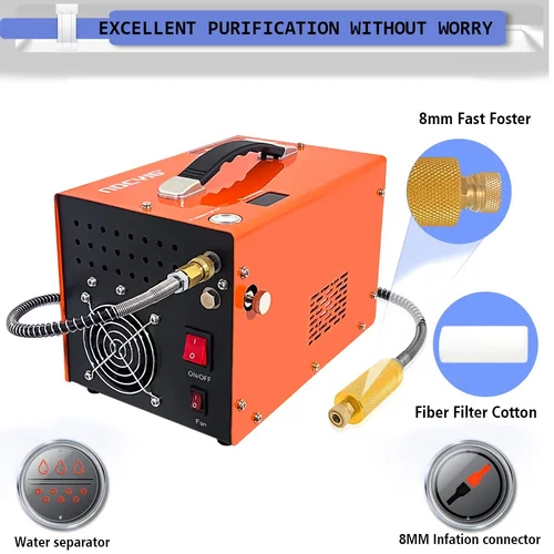 Imagen 2 del producto NUOGE 110V/220V fuente de alimentación incorporada compresor de aire PCP 4500Psi 30Mbar bomba de aire sin agua de alta presión para botellas sumergibles