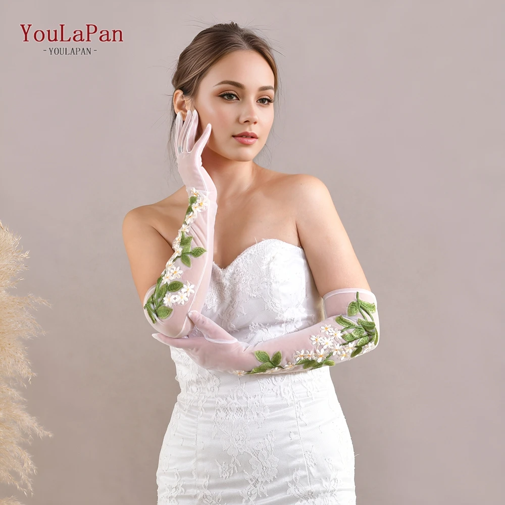 YouLaPan T39 Hand-Embroidered Women's Long Gloves With Flower And Leaf Embroidery Suitable For Bridal Weddings And Theme Parties