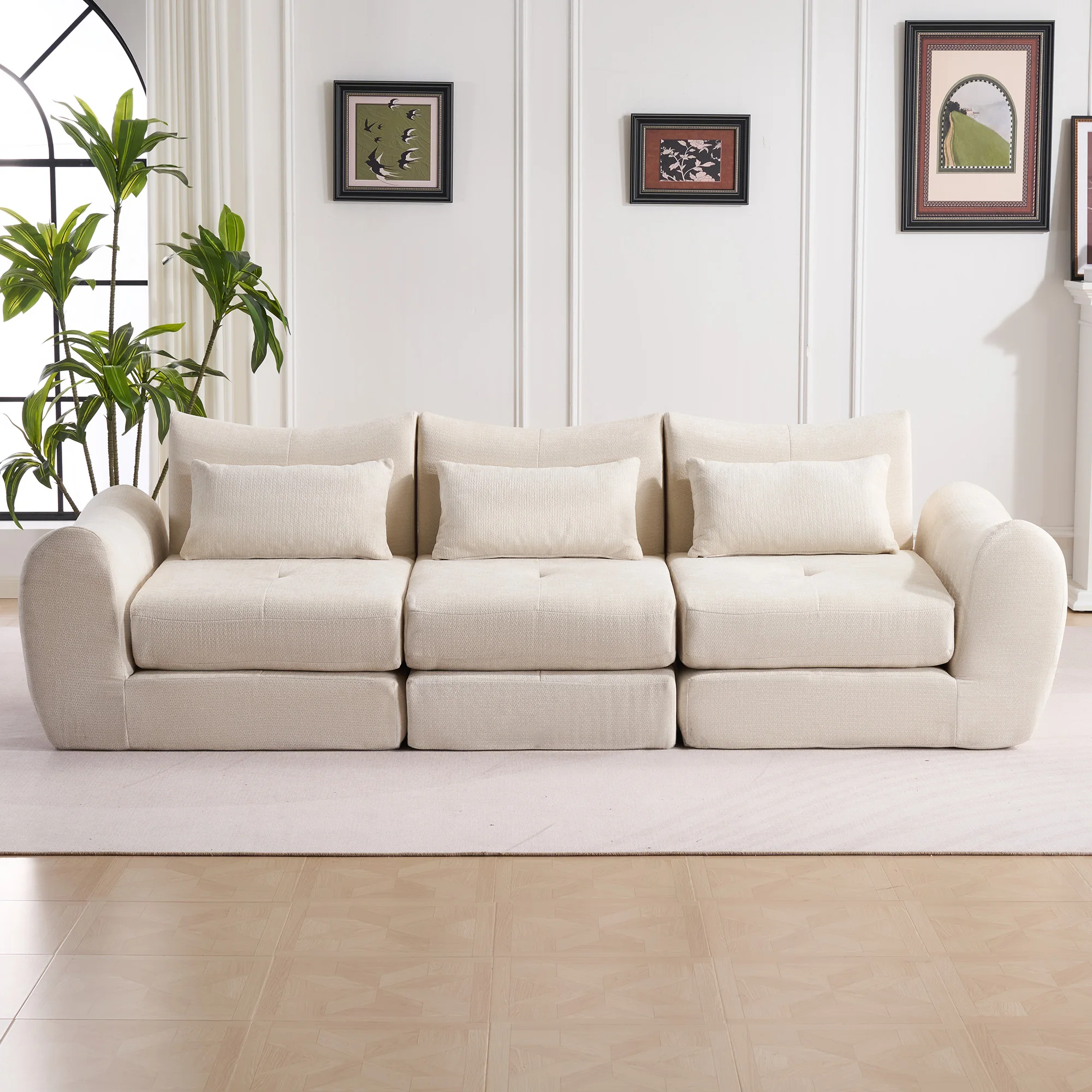 Sofá cama modular de chenilla beige de 3 plazas, cómodo sofá convertible moderno, no requiere montaje, para sala de estar, dormitorio