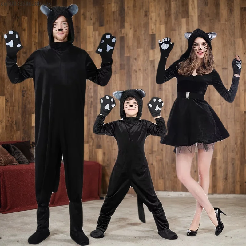 

Black Cat Cosplay Children Costume Kitten Animal Gloves Hat Suit Suitable for Stage Show Halloween Costumes Family Performance