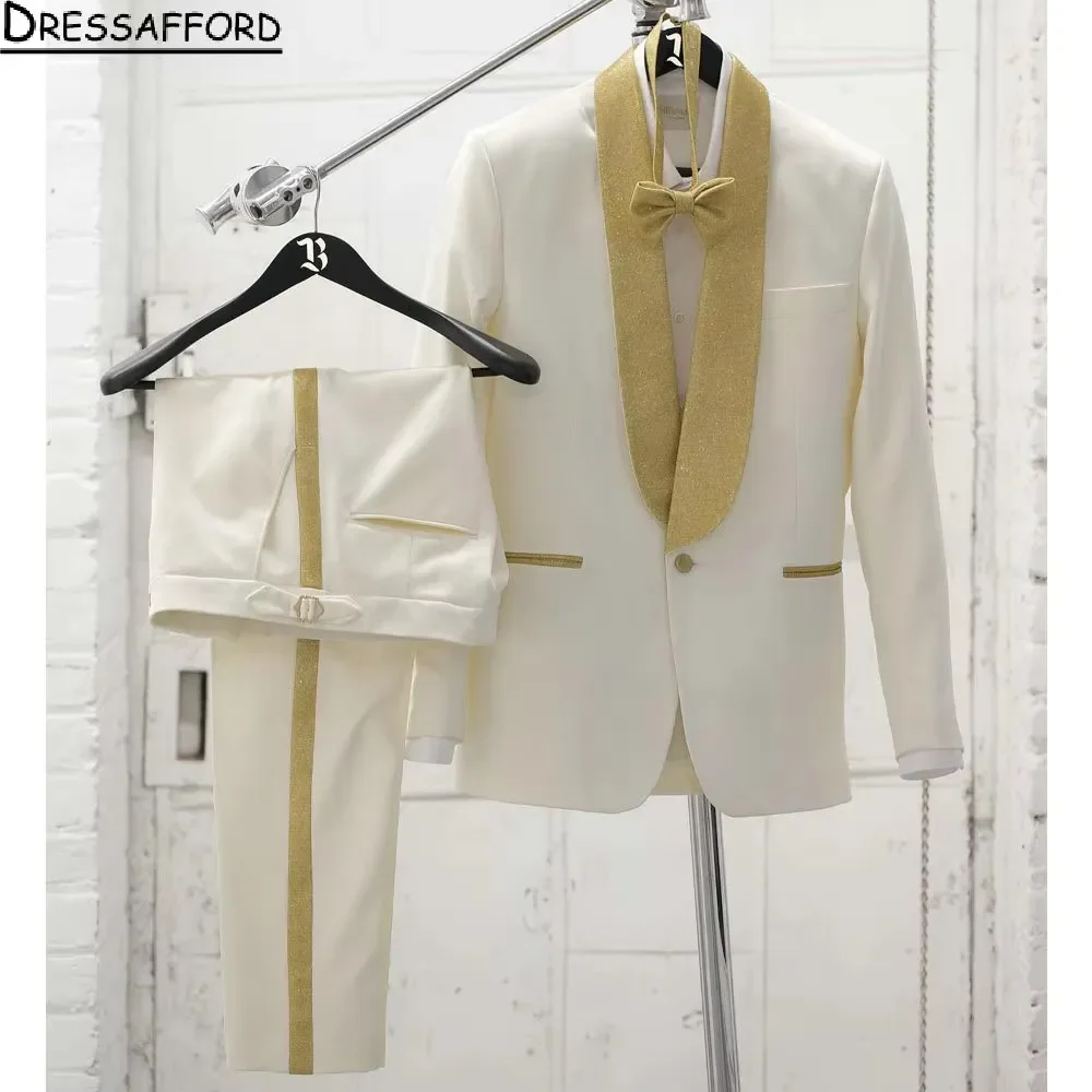 White Simple Men Suits 2 Piece Gold Crystal Fashion Business Casual Wear Party Wedding Groom Tuxedo Jacket Pants